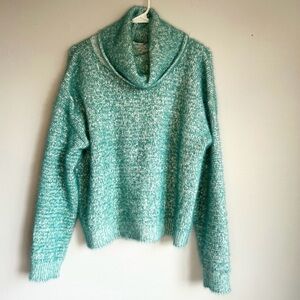 Teal Cowl Neck Fuzzy Knit Sweater Large Cozy Oversized Marled Pullover Top